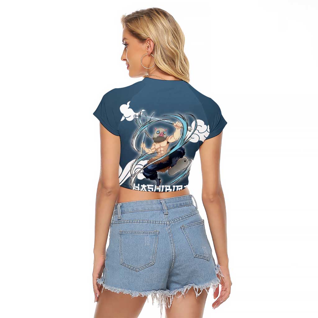 Hashibira Inosuke Demon Slayer Raglan Cropped T Shirt Whirlwind Anime Cloud Pattern Style