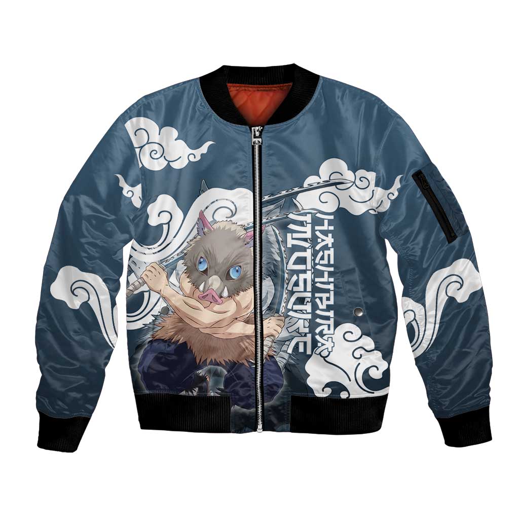 Hashibira Inosuke Demon Slayer Sleeve Zip Bomber Jacket Whirlwind Anime Cloud Pattern Style