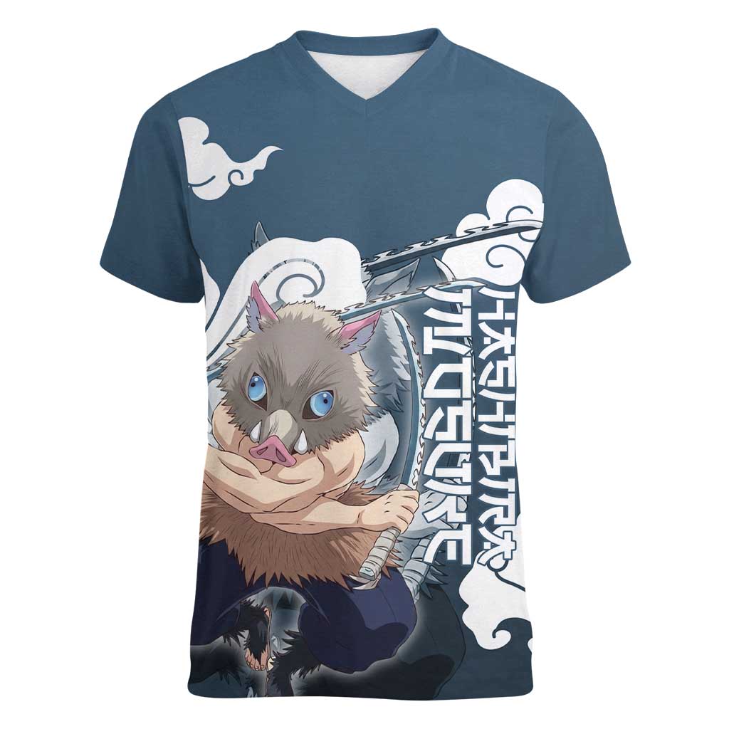 Hashibira Inosuke Demon Slayer Women V-Neck T-Shirt Whirlwind Anime Cloud Pattern Style