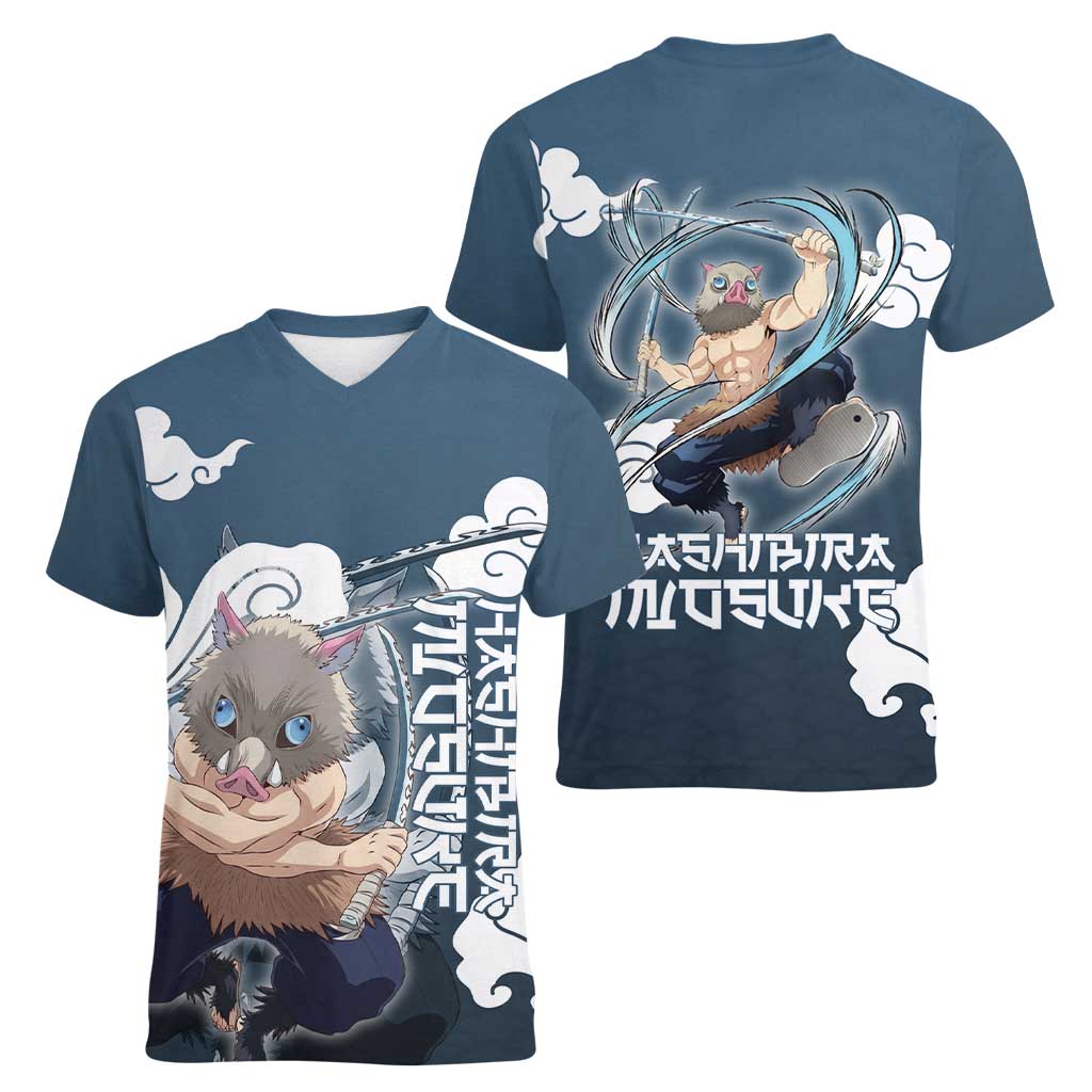 Hashibira Inosuke Demon Slayer Women V-Neck T-Shirt Whirlwind Anime Cloud Pattern Style