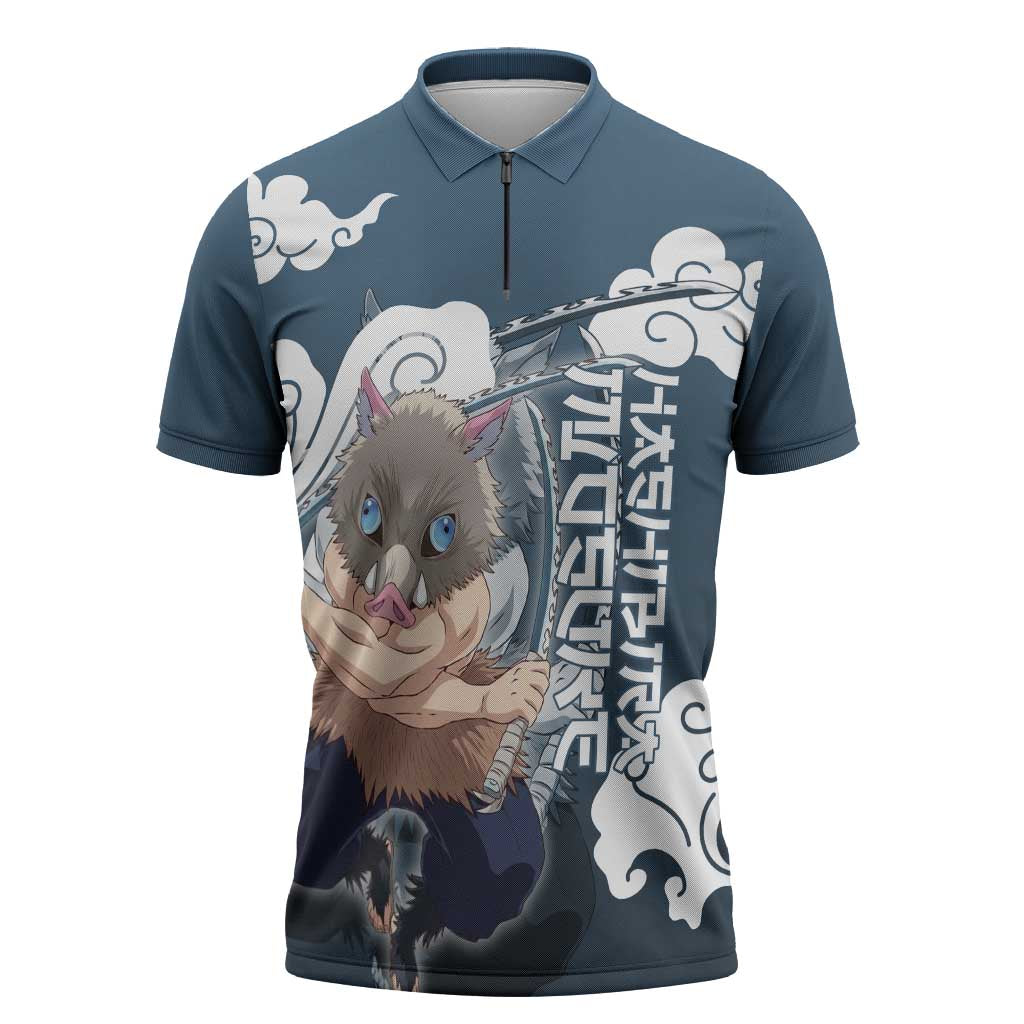 Hashibira Inosuke Demon Slayer Zipper Polo Shirt Whirlwind Anime Cloud Pattern Style