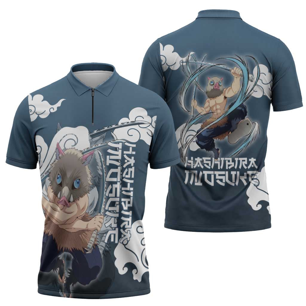 Hashibira Inosuke Demon Slayer Zipper Polo Shirt Whirlwind Anime Cloud Pattern Style
