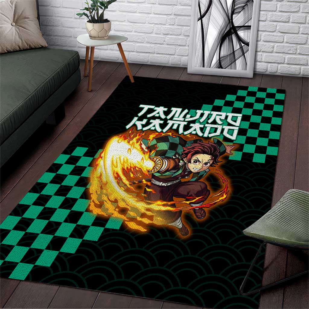 Tanjiro Kamado Demon Slayer Area Rug Fiery Checkered Anime Wave Style