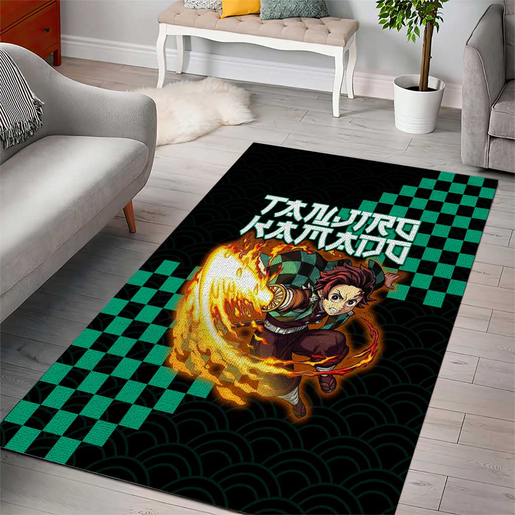 Tanjiro Kamado Demon Slayer Area Rug Fiery Checkered Anime Wave Style