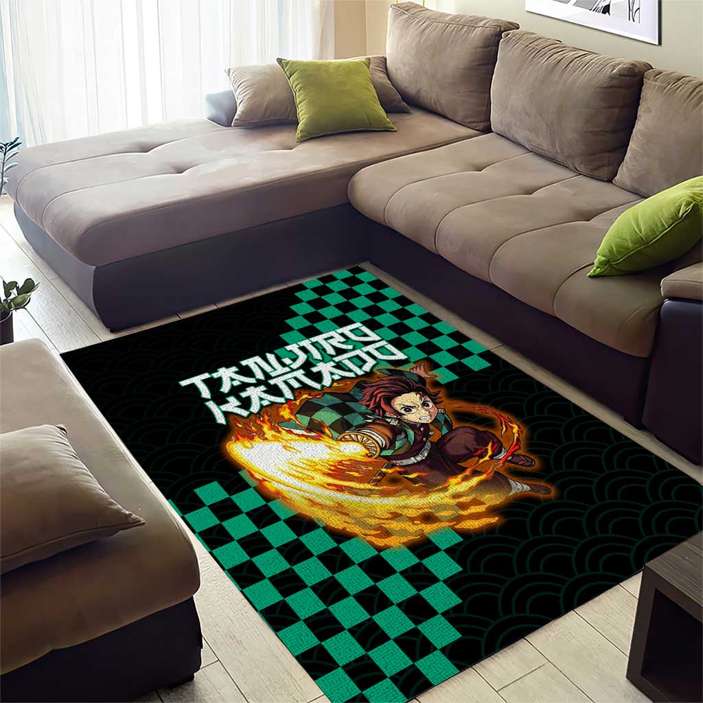 Tanjiro Kamado Demon Slayer Area Rug Fiery Checkered Anime Wave Style