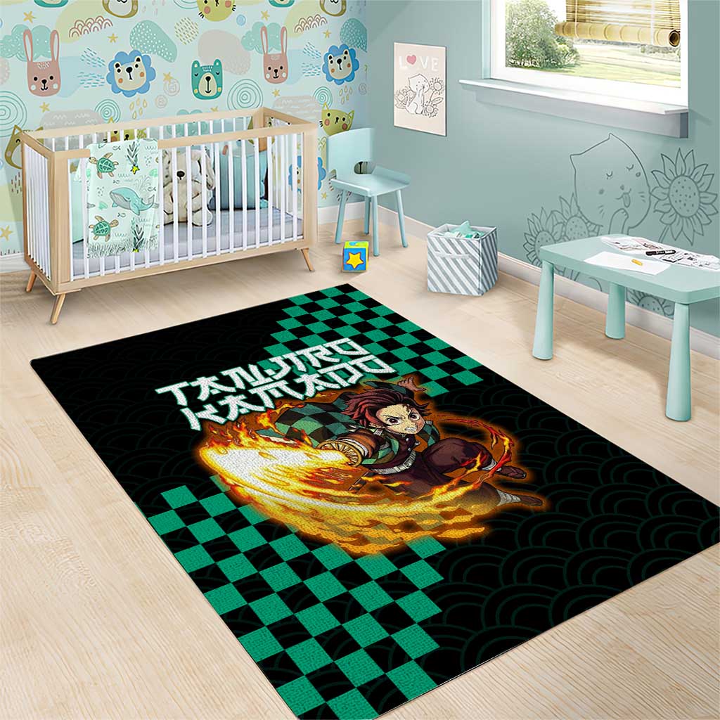 Tanjiro Kamado Demon Slayer Area Rug Fiery Checkered Anime Wave Style
