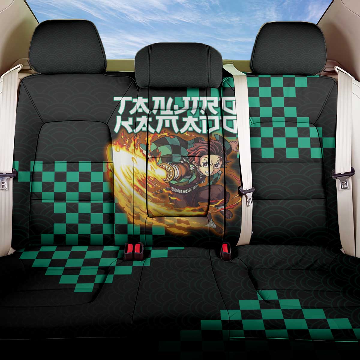 Tanjiro Kamado Demon Slayer Back Car Seat Cover Fiery Checkered Anime Wave Style