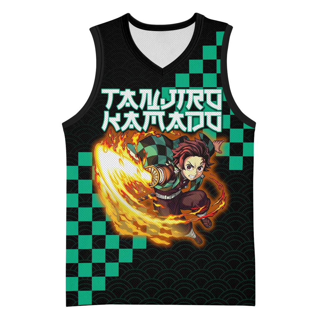 Tanjiro Kamado Demon Slayer Basketball Jersey Fiery Checkered Anime Wave Style
