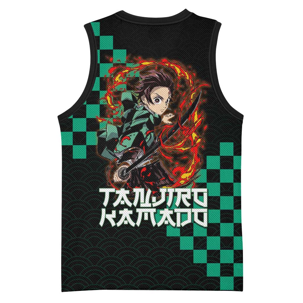 Tanjiro Kamado Demon Slayer Basketball Jersey Fiery Checkered Anime Wave Style