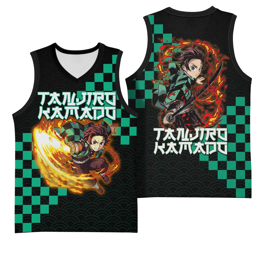 Tanjiro Kamado Demon Slayer Basketball Jersey Fiery Checkered Anime Wave Style