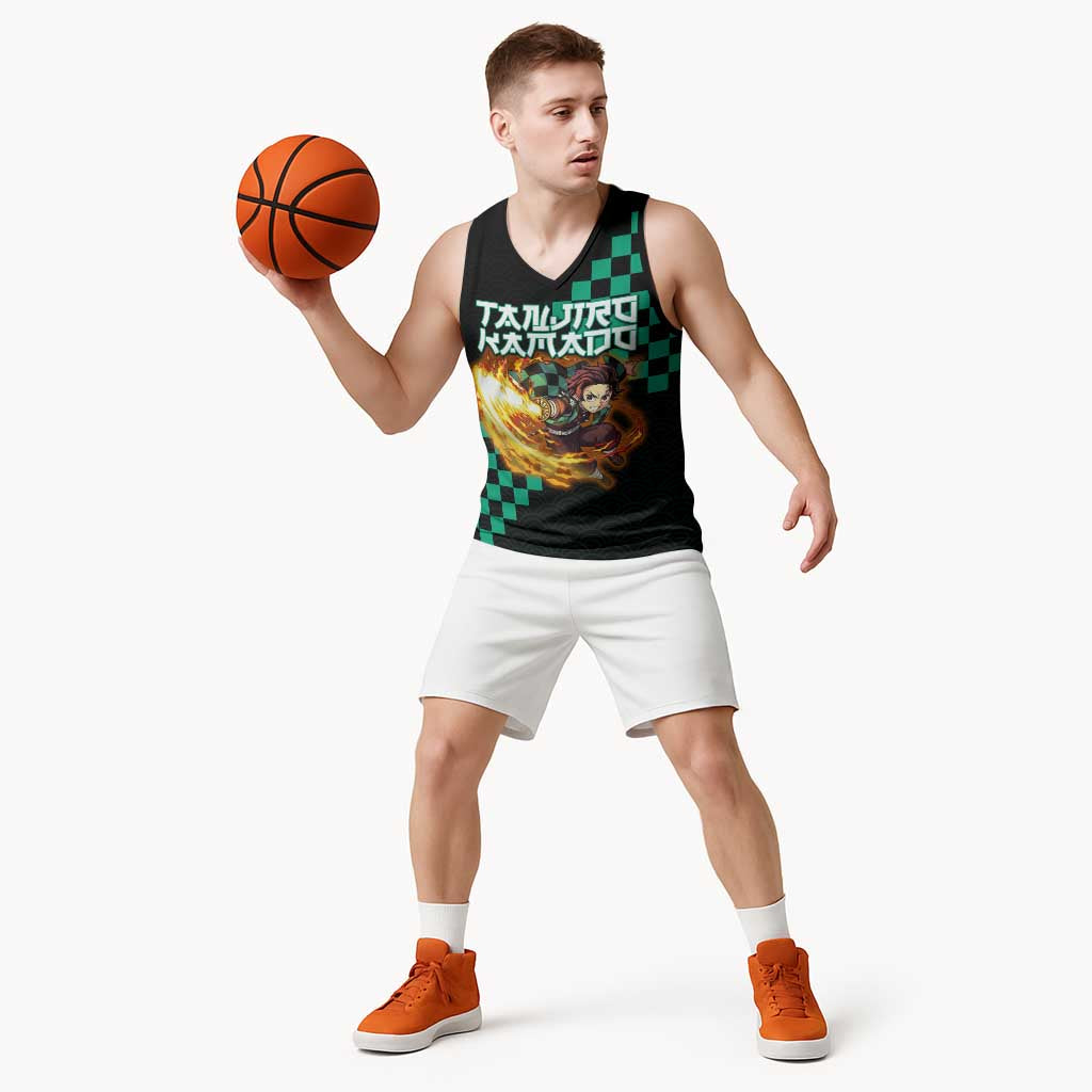 Tanjiro Kamado Demon Slayer Basketball Jersey Fiery Checkered Anime Wave Style