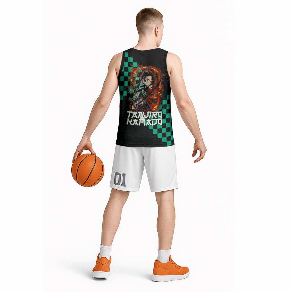 Tanjiro Kamado Demon Slayer Basketball Jersey Fiery Checkered Anime Wave Style