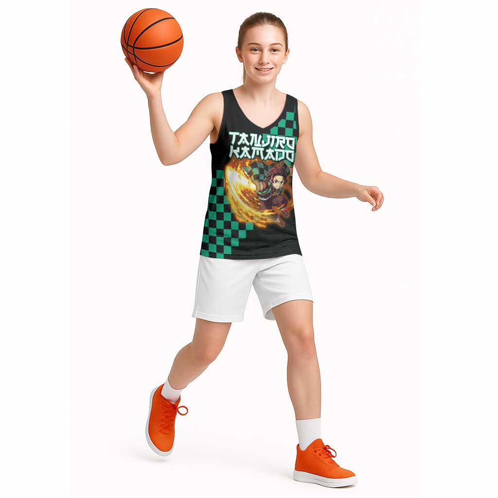 Tanjiro Kamado Demon Slayer Basketball Jersey Fiery Checkered Anime Wave Style