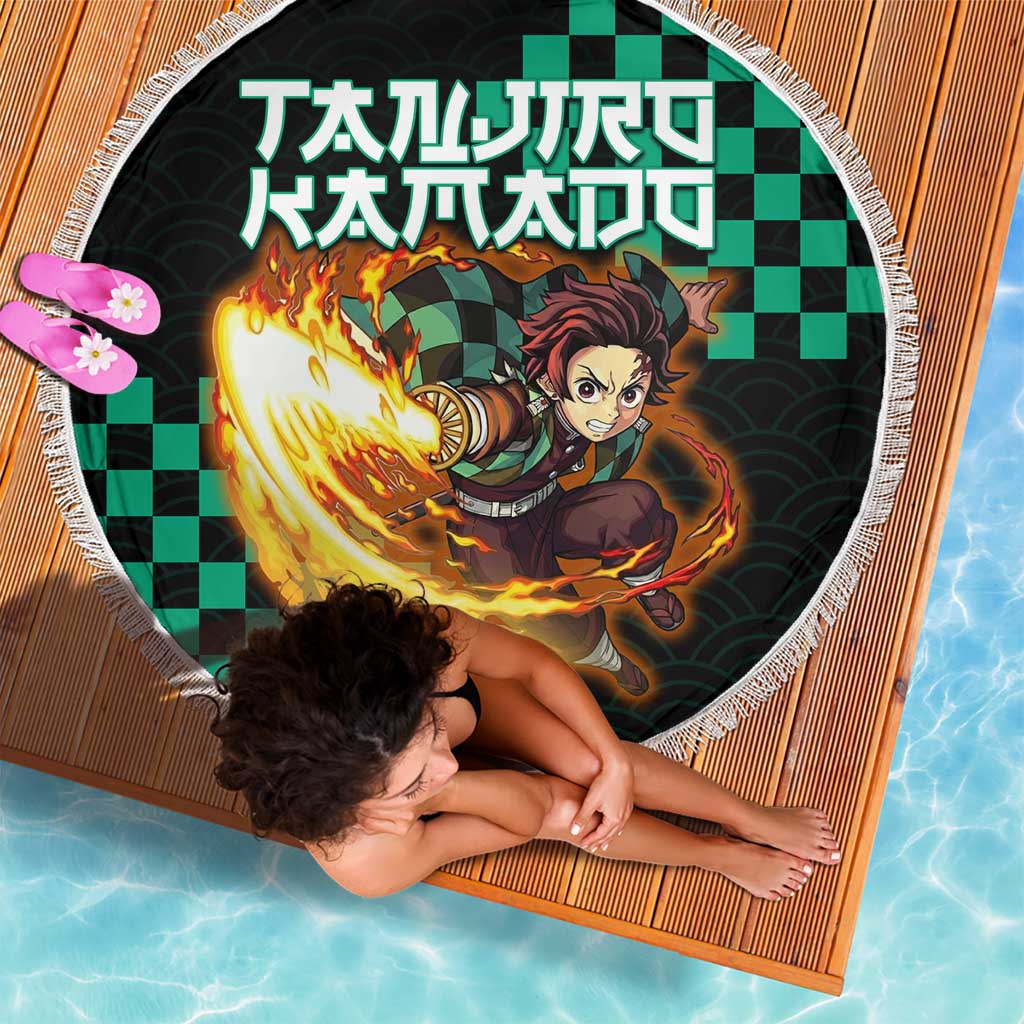 Tanjiro Kamado Demon Slayer Beach Blanket Fiery Checkered Anime Wave Style
