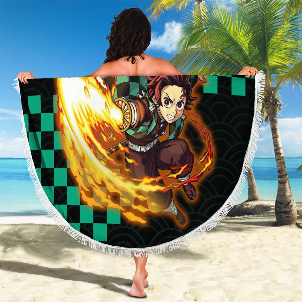 Tanjiro Kamado Demon Slayer Beach Blanket Fiery Checkered Anime Wave Style