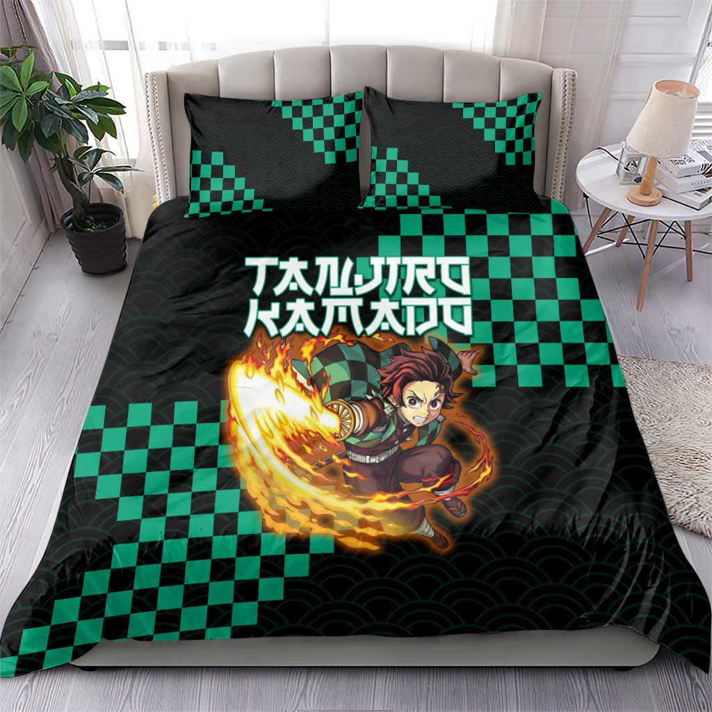 Tanjiro Kamado Demon Slayer Bedding Set Fiery Checkered Anime Wave Style