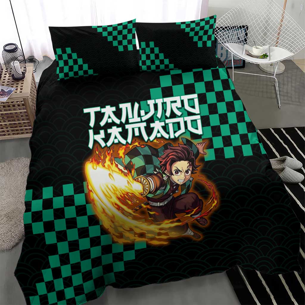 Tanjiro Kamado Demon Slayer Bedding Set Fiery Checkered Anime Wave Style