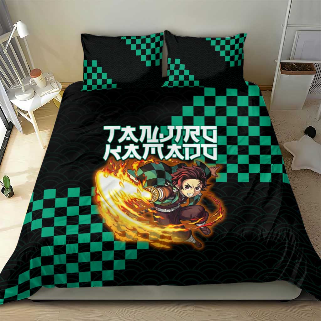 Tanjiro Kamado Demon Slayer Bedding Set Fiery Checkered Anime Wave Style