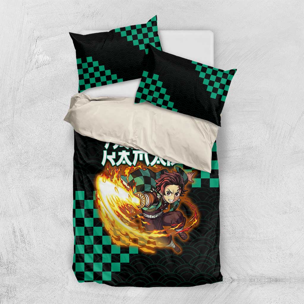 Tanjiro Kamado Demon Slayer Bedding Set Fiery Checkered Anime Wave Style