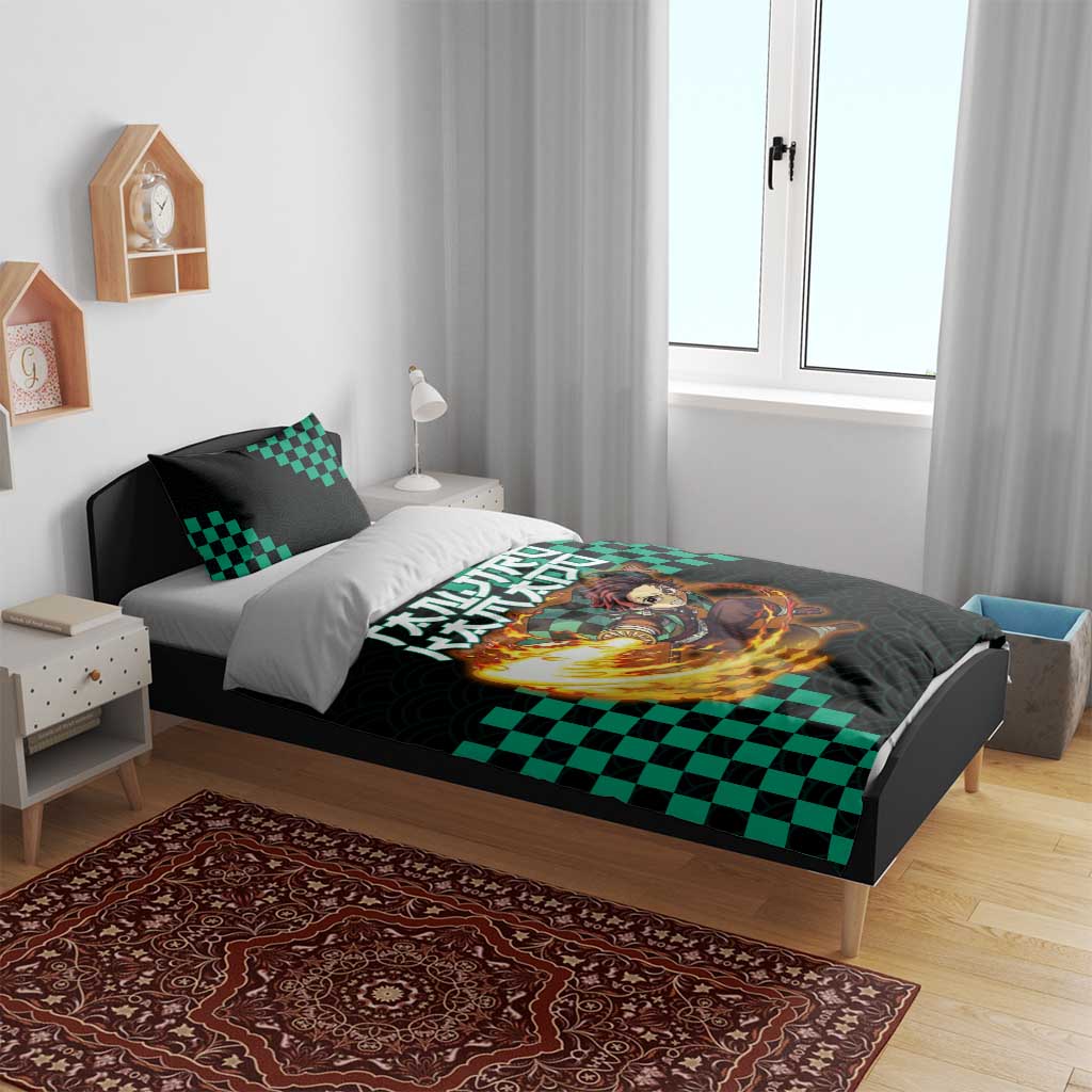 Tanjiro Kamado Demon Slayer Bedding Set Fiery Checkered Anime Wave Style