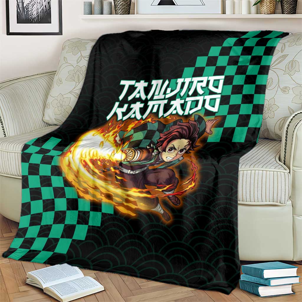 Tanjiro Kamado Demon Slayer Blanket Fiery Checkered Anime Wave Style