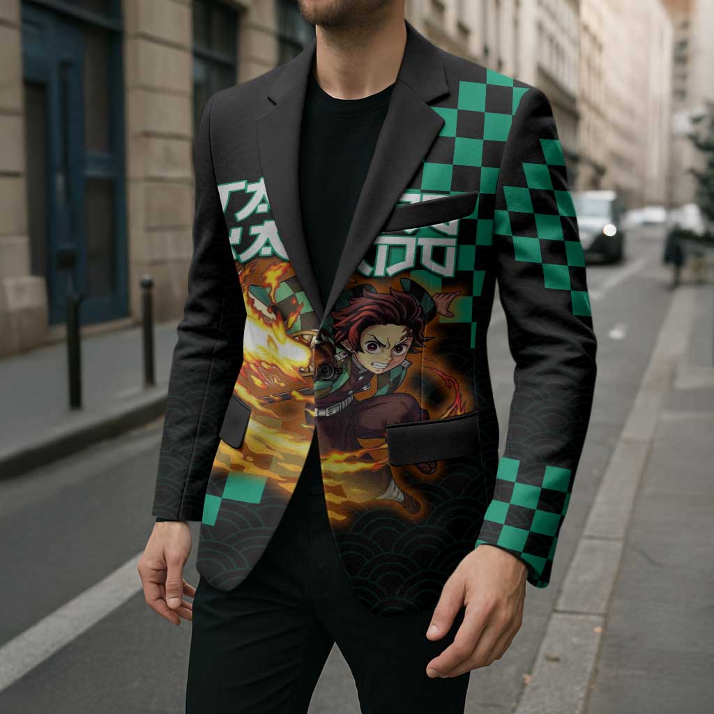 Tanjiro Kamado Demon Slayer Blazer Fiery Checkered Anime Wave Style