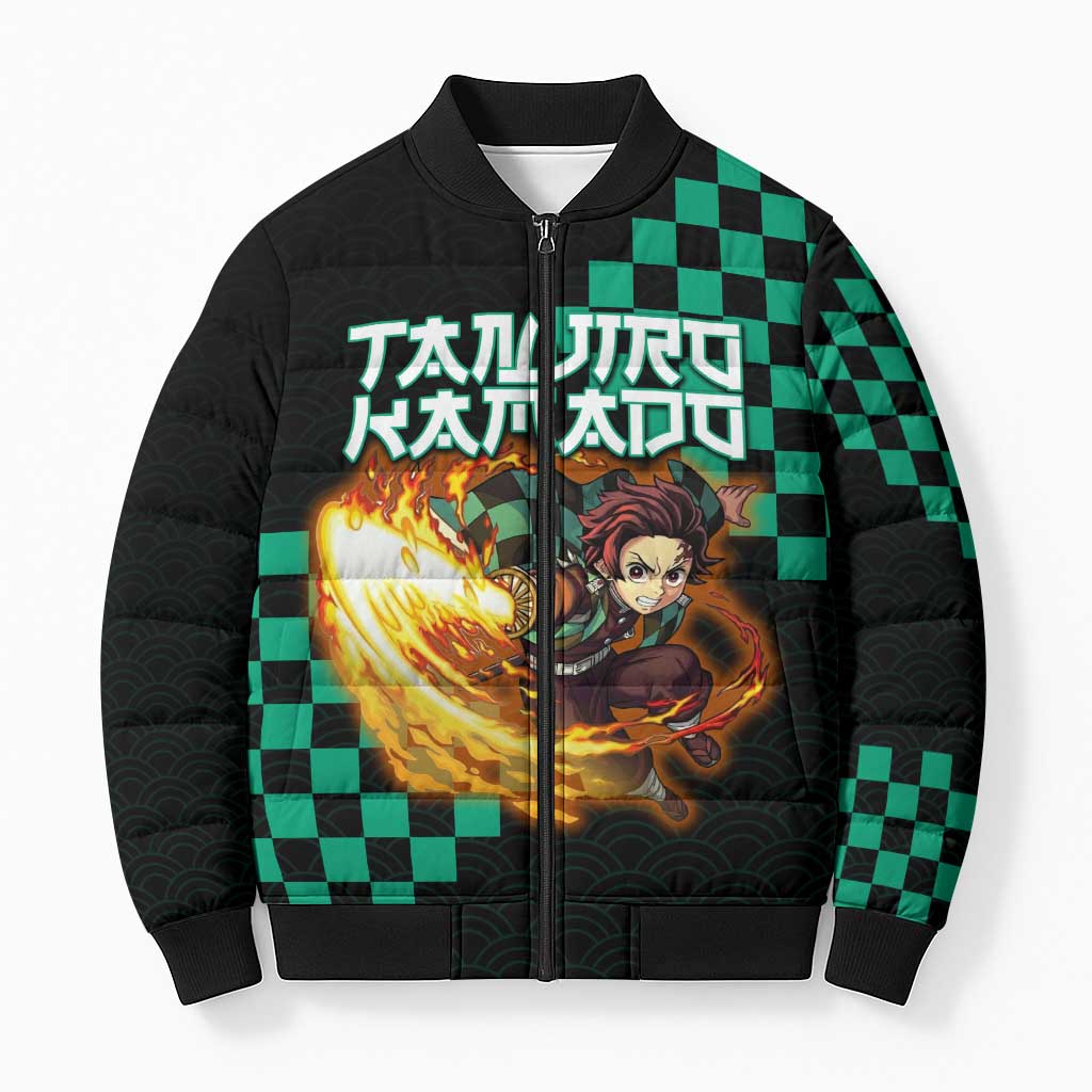 Tanjiro Kamado Demon Slayer Bomber Puffer Jacket Fiery Checkered Anime Wave Style