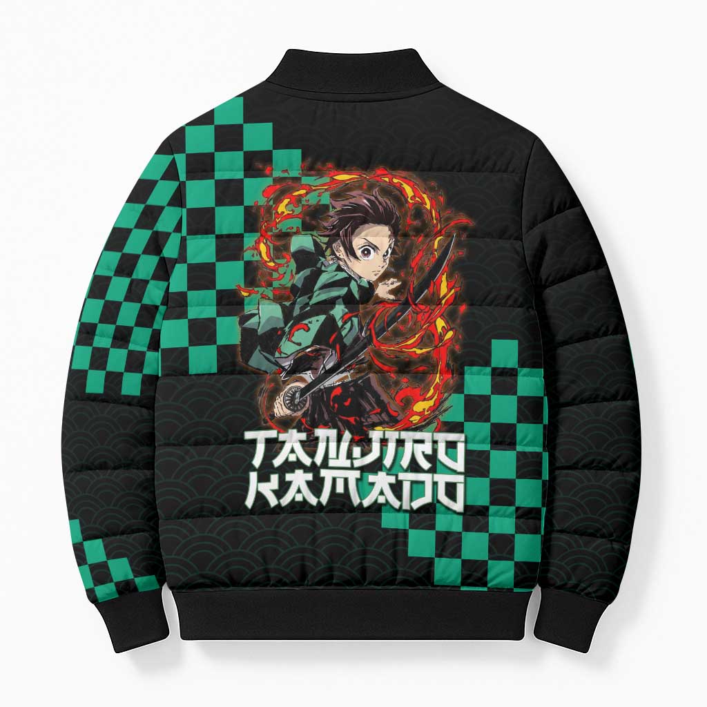 Tanjiro Kamado Demon Slayer Bomber Puffer Jacket Fiery Checkered Anime Wave Style