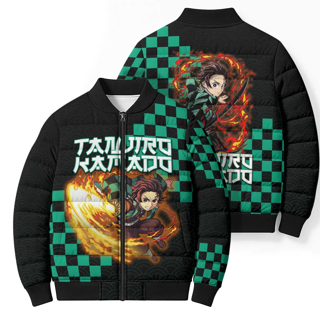Tanjiro Kamado Demon Slayer Bomber Puffer Jacket Fiery Checkered Anime Wave Style