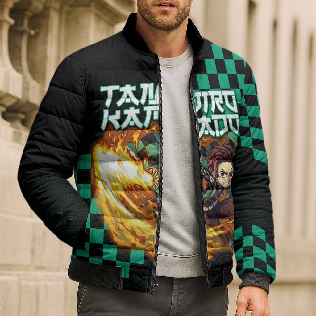 Tanjiro Kamado Demon Slayer Bomber Puffer Jacket Fiery Checkered Anime Wave Style