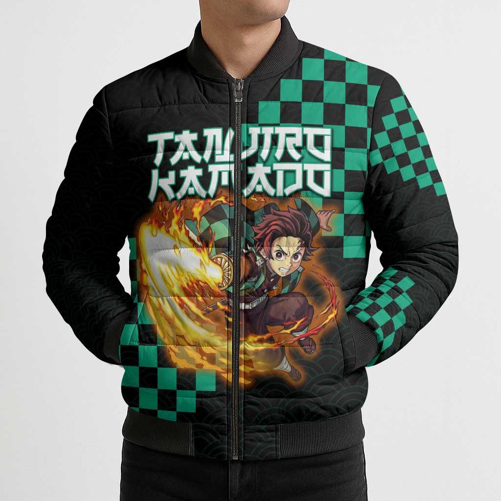 Tanjiro Kamado Demon Slayer Bomber Puffer Jacket Fiery Checkered Anime Wave Style