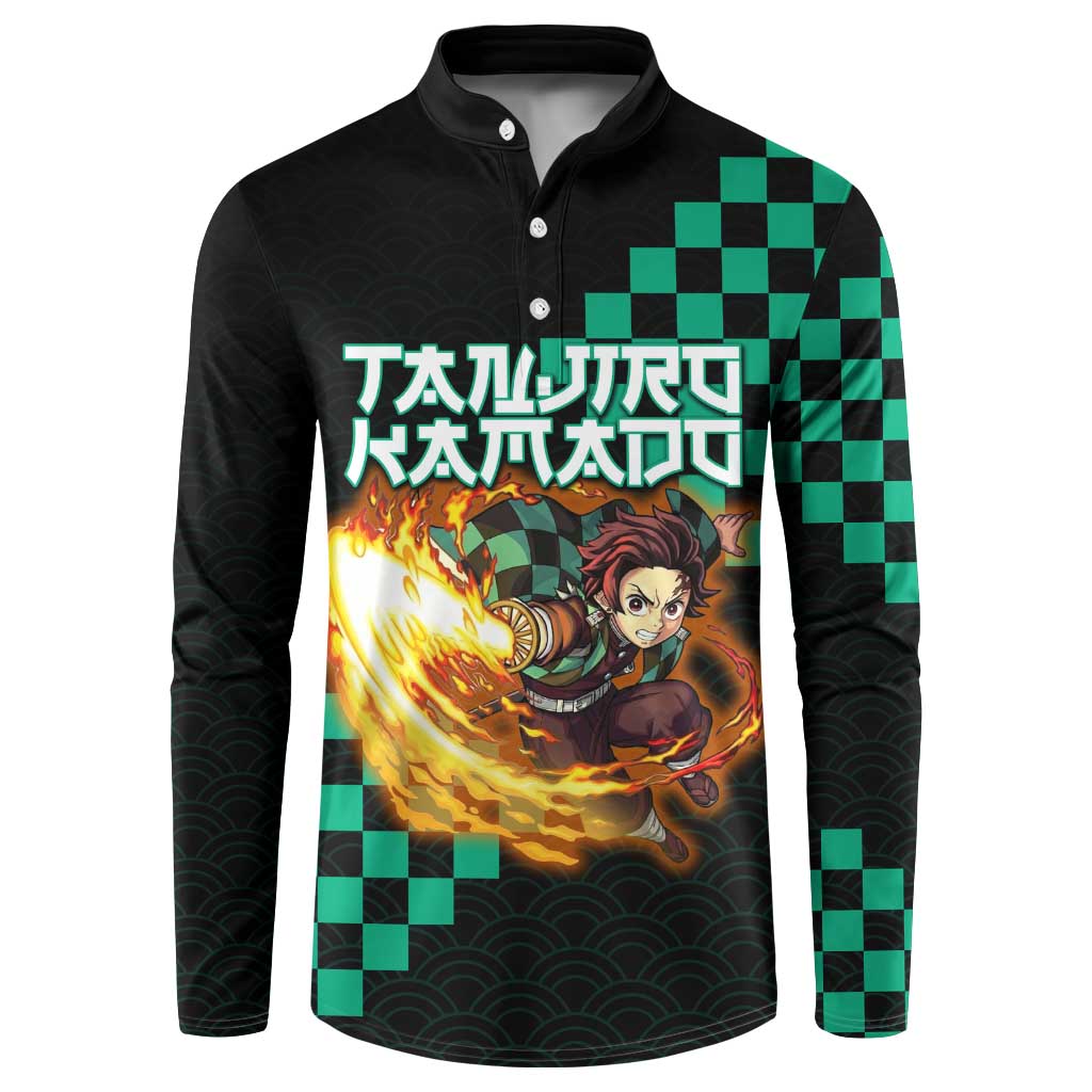 Tanjiro Kamado Demon Slayer Button Sweatshirt Fiery Checkered Anime Wave Style
