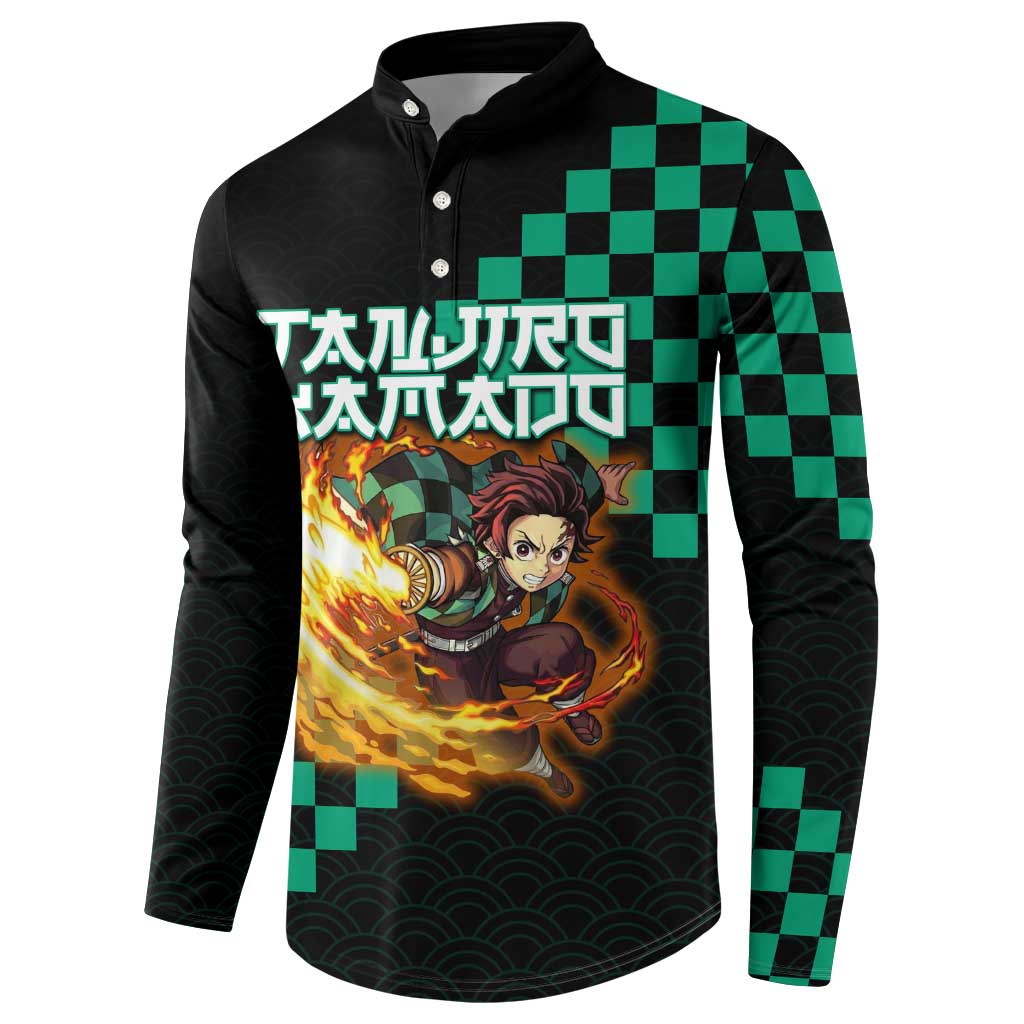 Tanjiro Kamado Demon Slayer Button Sweatshirt Fiery Checkered Anime Wave Style