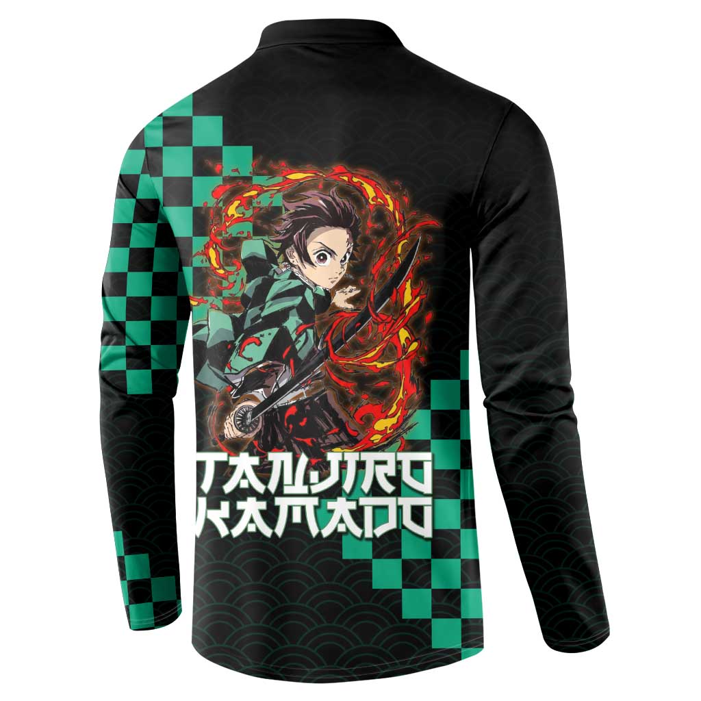 Tanjiro Kamado Demon Slayer Button Sweatshirt Fiery Checkered Anime Wave Style