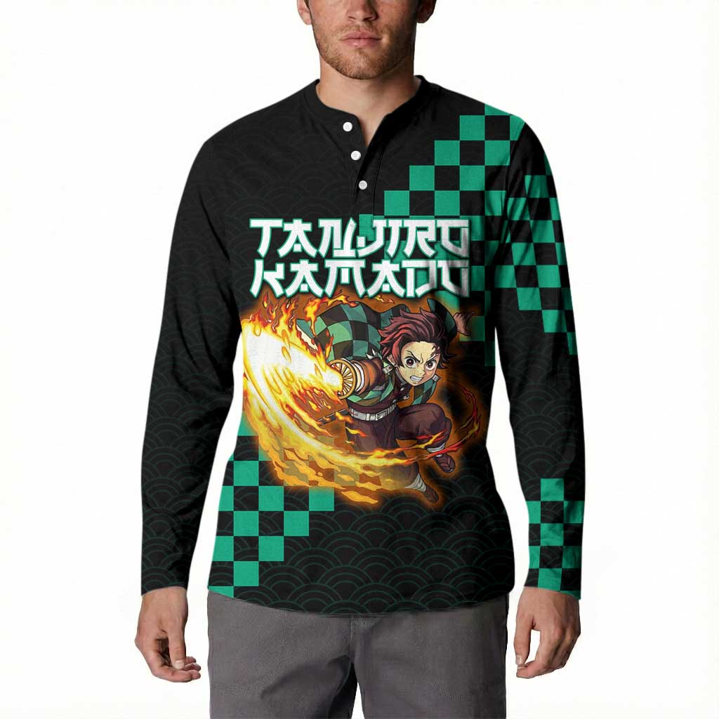 Tanjiro Kamado Demon Slayer Button Sweatshirt Fiery Checkered Anime Wave Style