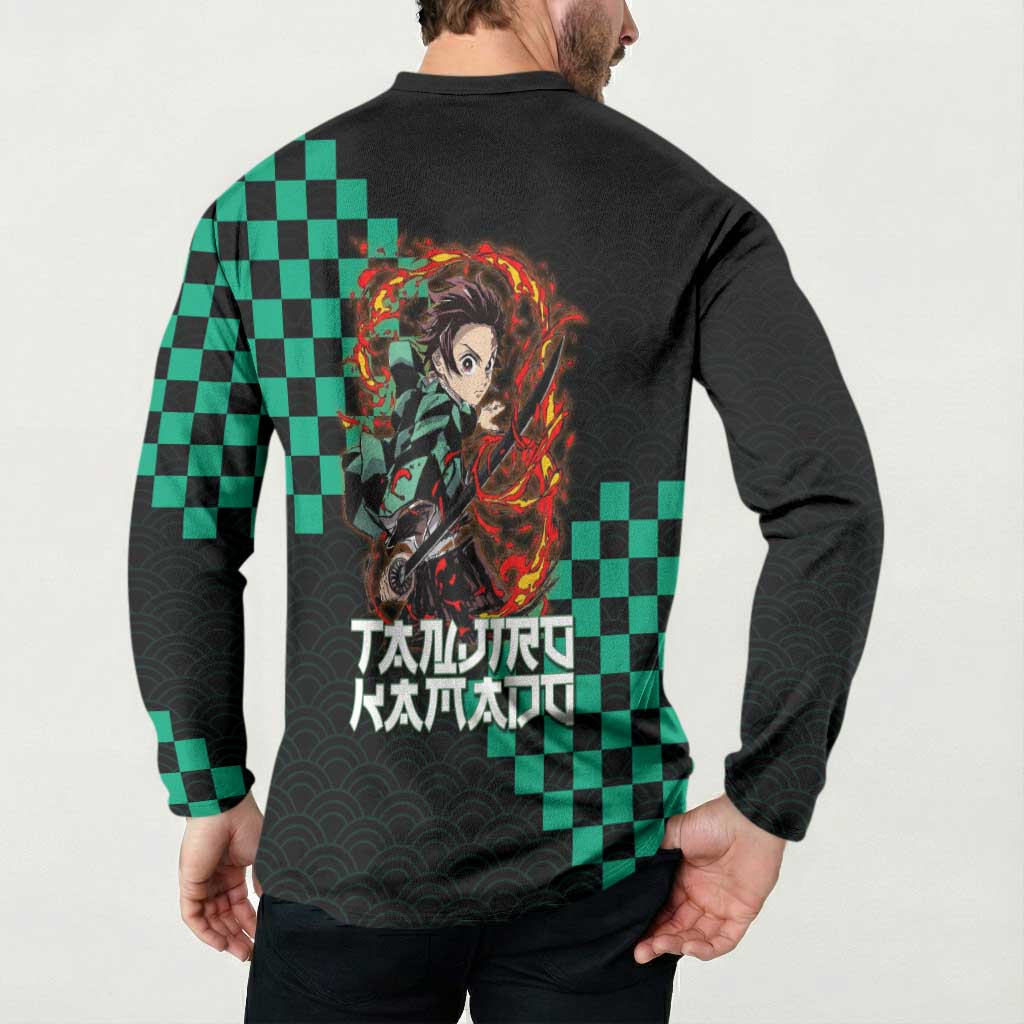 Tanjiro Kamado Demon Slayer Button Sweatshirt Fiery Checkered Anime Wave Style