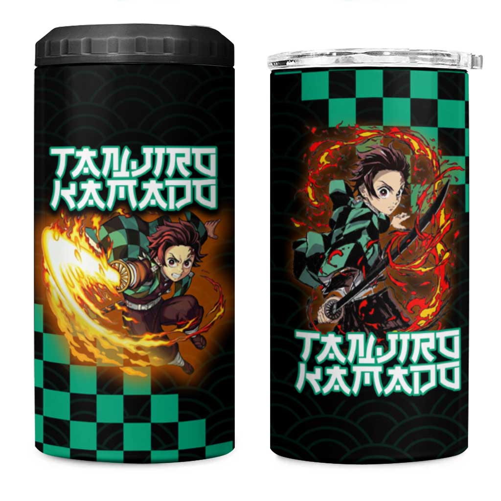 Tanjiro Kamado Demon Slayer 4 in 1 Can Cooler Tumbler Fiery Checkered Anime Wave Style