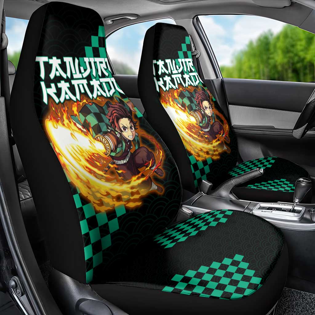 Tanjiro Kamado Demon Slayer Car Seat Cover Fiery Checkered Anime Wave Style