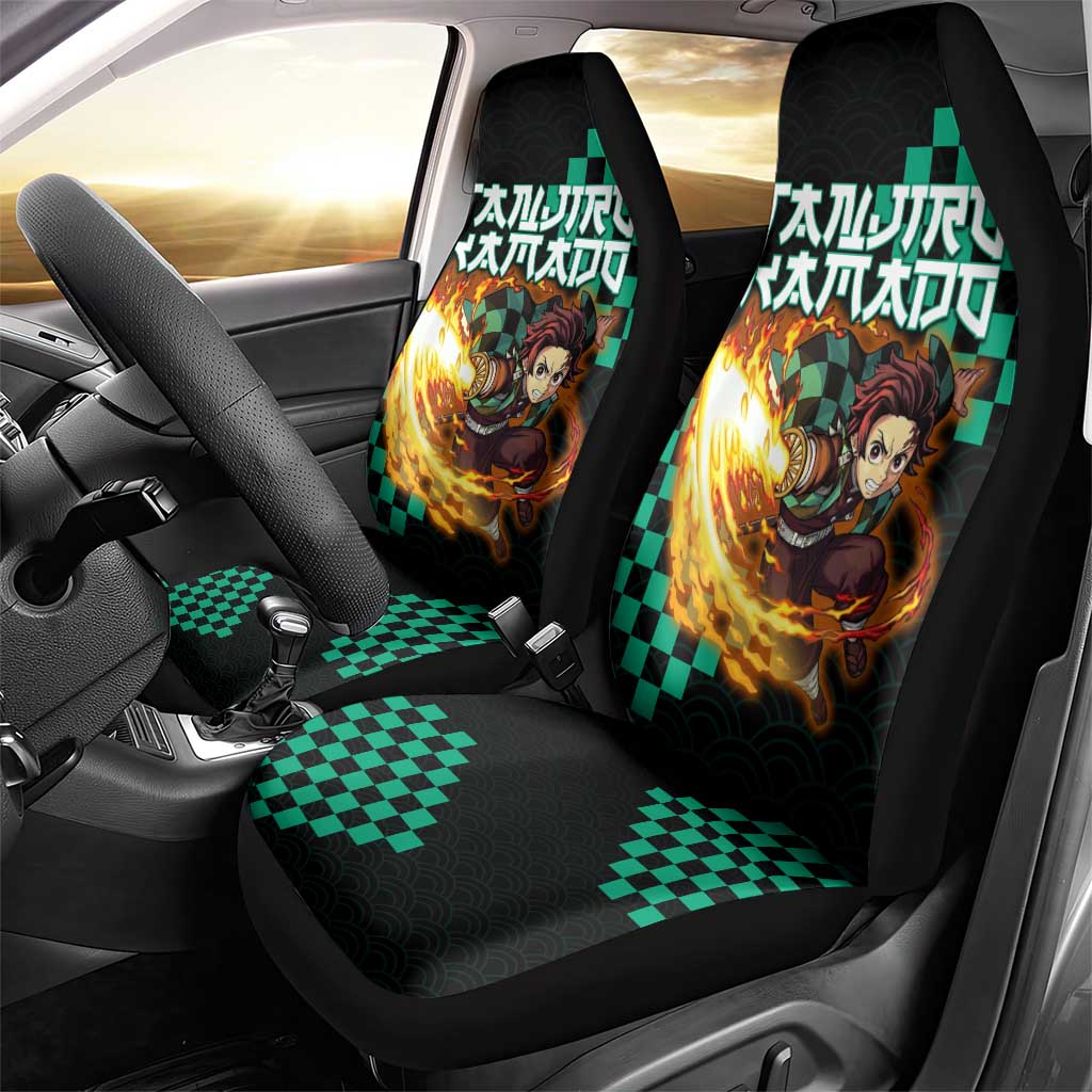 Tanjiro Kamado Demon Slayer Car Seat Cover Fiery Checkered Anime Wave Style