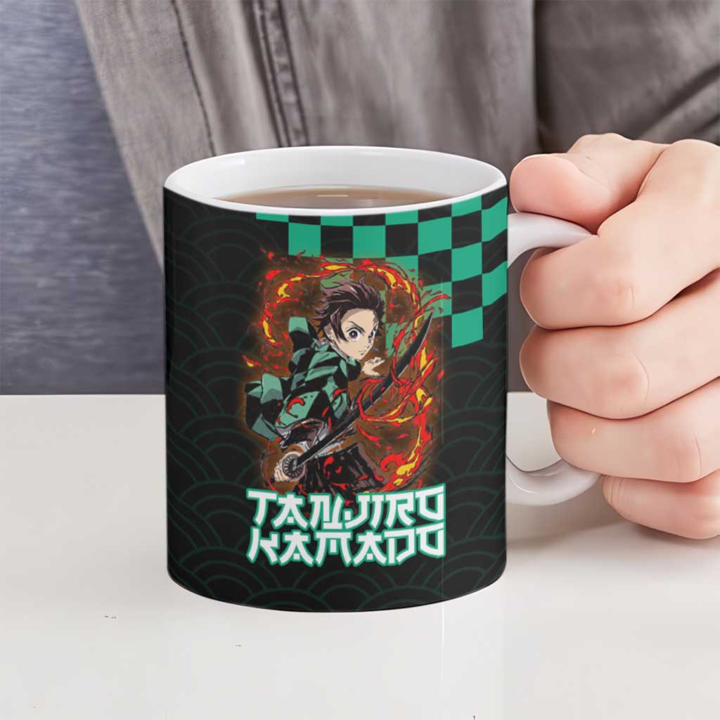Tanjiro Kamado Demon Slayer Ceramic Mug Fiery Checkered Anime Wave Style
