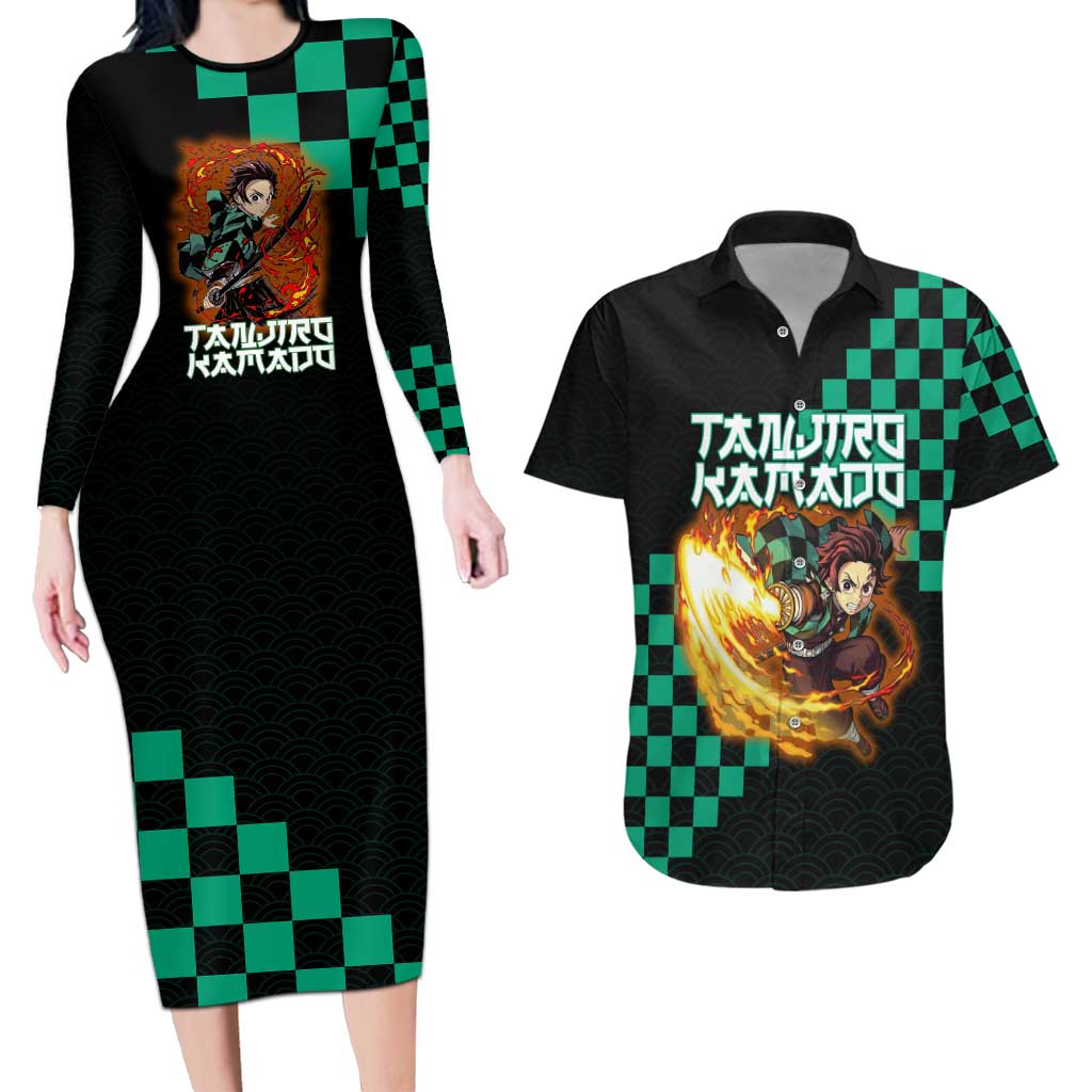 Tanjiro Kamado Demon Slayer Couples Matching Long Sleeve Bodycon Dress and Hawaiian Shirt Fiery Checkered Anime Wave Style