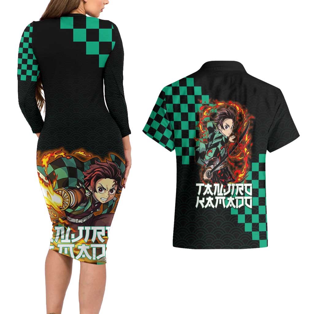 Tanjiro Kamado Demon Slayer Couples Matching Long Sleeve Bodycon Dress and Hawaiian Shirt Fiery Checkered Anime Wave Style