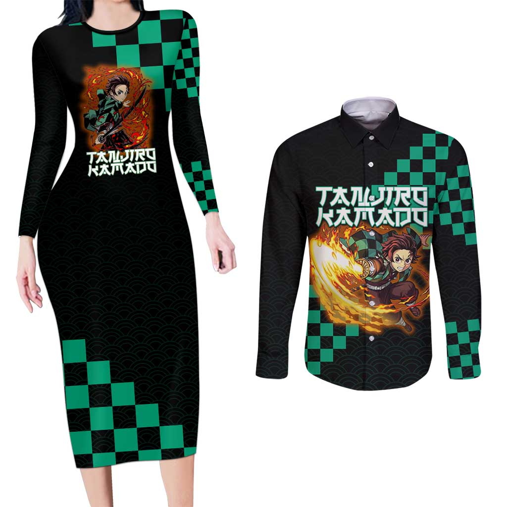 Tanjiro Kamado Demon Slayer Couples Matching Long Sleeve Bodycon Dress and Long Sleeve Button Shirt Fiery Checkered Anime Wave Style