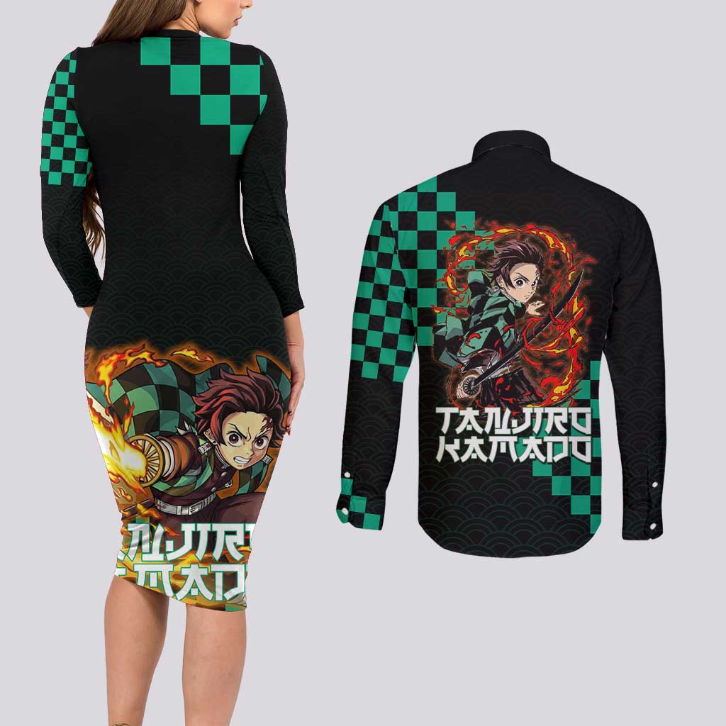 Tanjiro Kamado Demon Slayer Couples Matching Long Sleeve Bodycon Dress and Long Sleeve Button Shirt Fiery Checkered Anime Wave Style