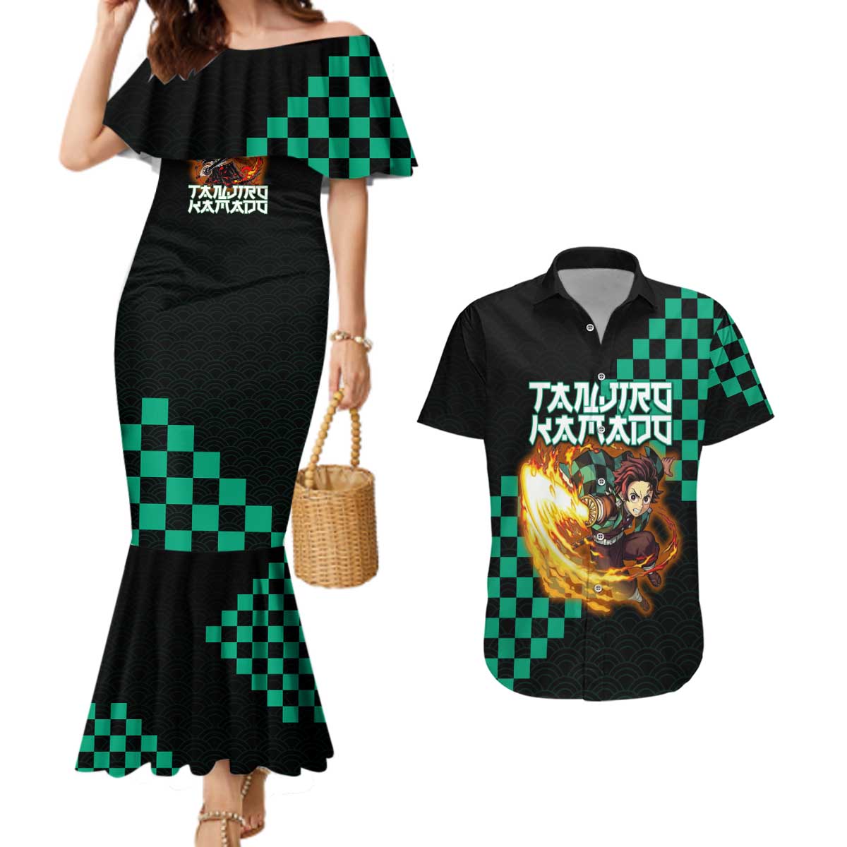 Tanjiro Kamado Demon Slayer Couples Matching Mermaid Dress and Hawaiian Shirt Fiery Checkered Anime Wave Style