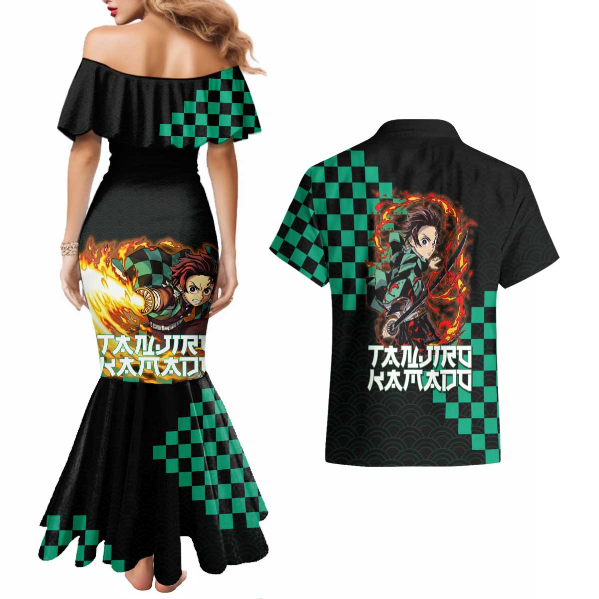 Tanjiro Kamado Demon Slayer Couples Matching Mermaid Dress and Hawaiian Shirt Fiery Checkered Anime Wave Style
