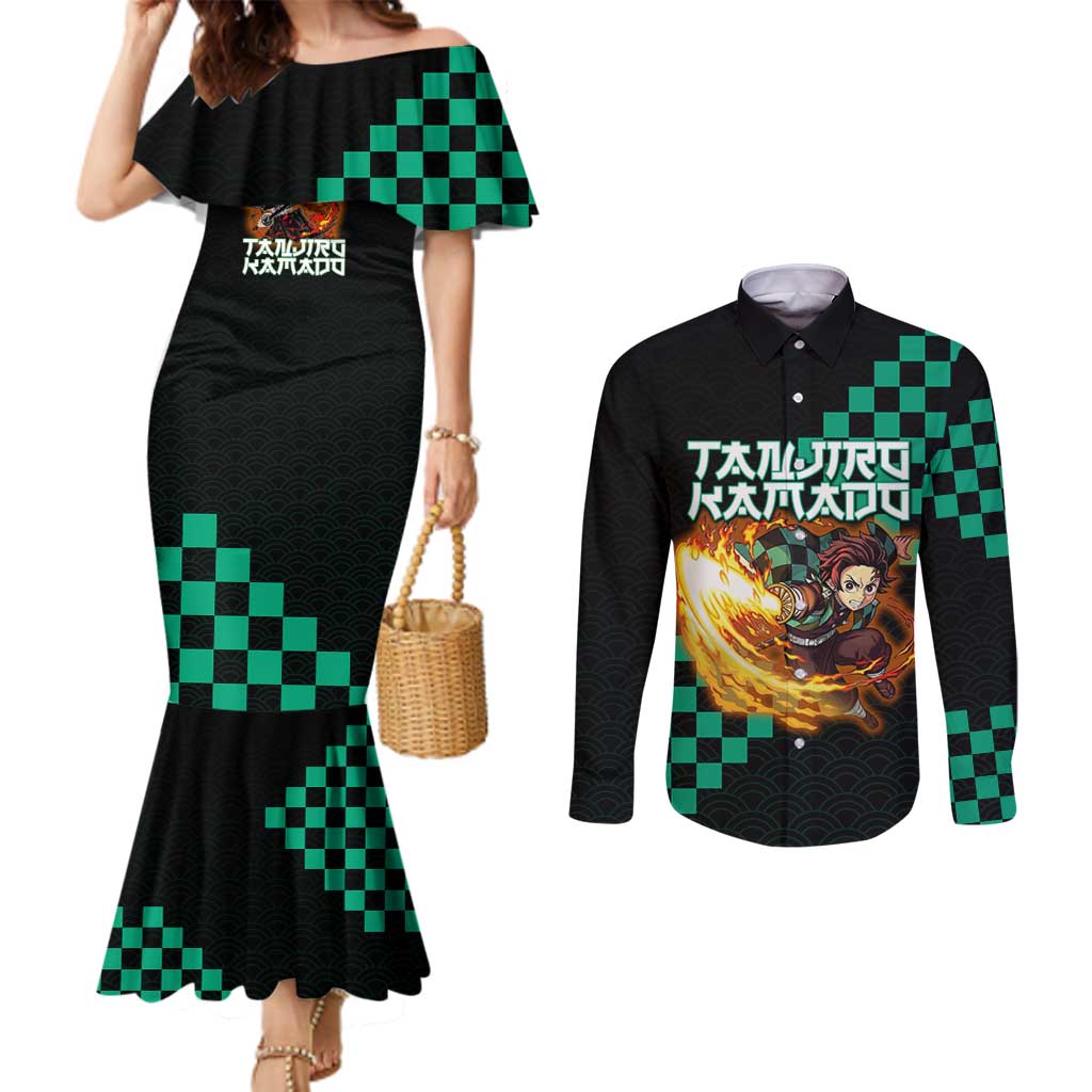 Tanjiro Kamado Demon Slayer Couples Matching Mermaid Dress and Long Sleeve Button Shirt Fiery Checkered Anime Wave Style