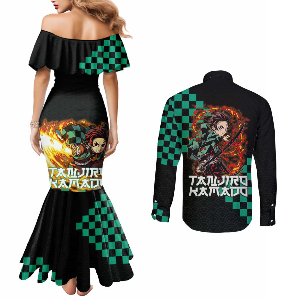 Tanjiro Kamado Demon Slayer Couples Matching Mermaid Dress and Long Sleeve Button Shirt Fiery Checkered Anime Wave Style