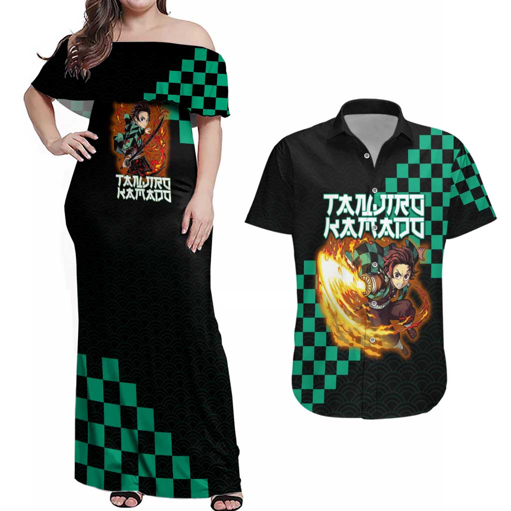 Tanjiro Kamado Demon Slayer Couples Matching Off Shoulder Maxi Dress and Hawaiian Shirt Fiery Checkered Anime Wave Style