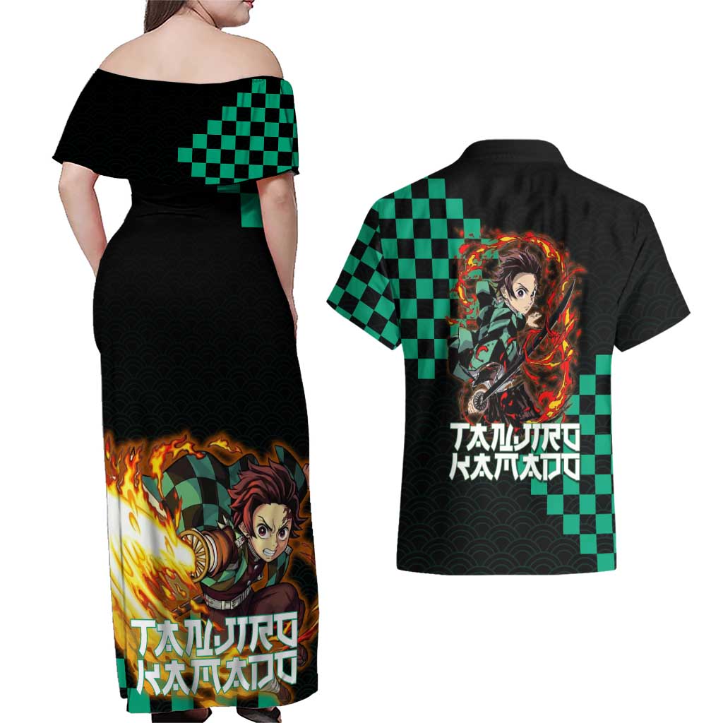 Tanjiro Kamado Demon Slayer Couples Matching Off Shoulder Maxi Dress and Hawaiian Shirt Fiery Checkered Anime Wave Style